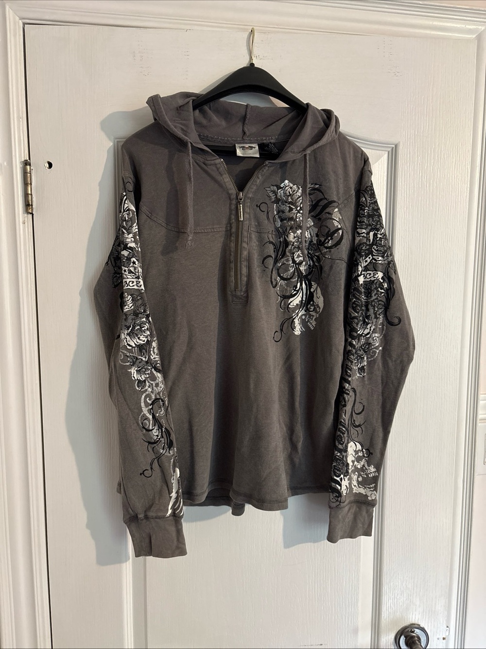 Harley-Davidson Women’s Gray Hooded Waffle Sweater with Floral & Skull Print